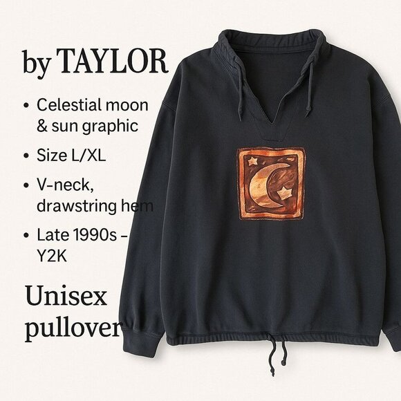 By Taylor Y2K Celestial Moon Sun Sweatshirt Unisex L/XL Black Drawstring Pullove - Picture 9 of 9